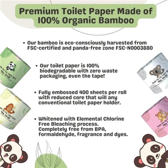Organic Bamboo Toilet Paper 2.0 | 400 Sheets 3-Ply |24 Hypoallergenic Mega Rolls - Picture 3 of 8